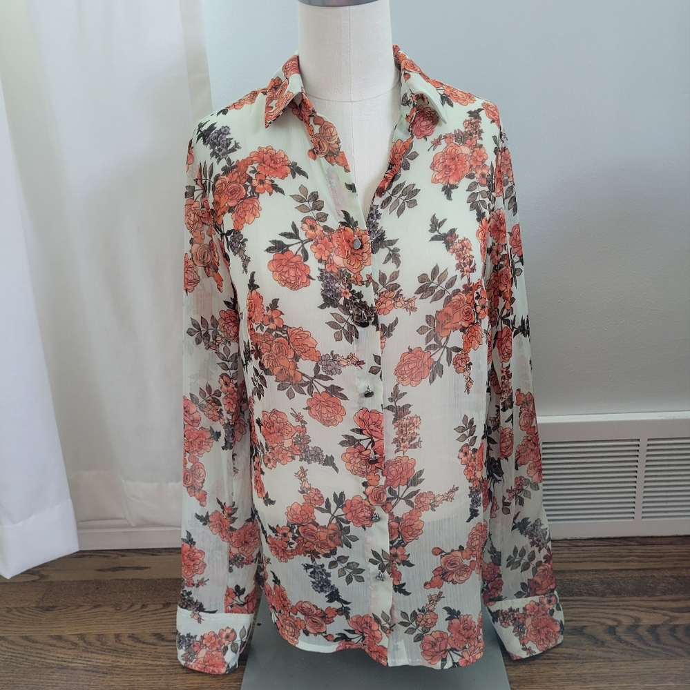 Target A New Day Green & Orange Fall Floral Blouse sz XS
